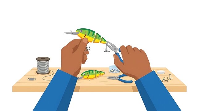 Hands assembling handmade fishing lures on wooden workbench.