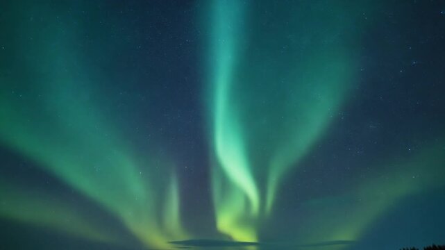 Experience the breathtaking spectacle of the celestial aurora borealis painting the night sky with vibrant green and blue ethereal luminous ribbons shimmering above a serene, tranquil landscape