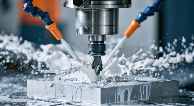 Cnc milling machine cutting metal block with coolant spray in factory setting