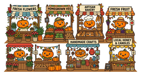Fototapeta premium Cute pumpkin characters running farmers market stalls with flowers vegetables bakery crafts and honey character vegetable illustration community seasonal november thanksgiving