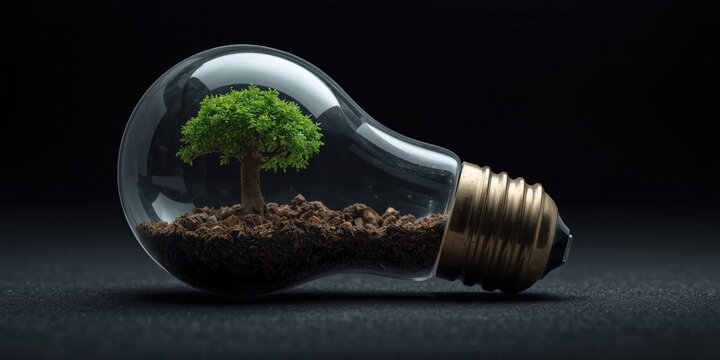 Light Bulb Containing Green Tree and Soil on Dark Background