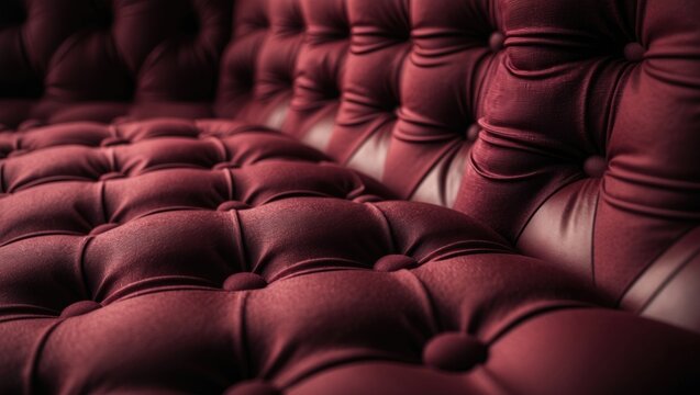 Close-up of dark red leather background with capitone pattern, textured macro shot. Retro Chesterfield-style wine textile. Vintage ruby fabric backdrop.