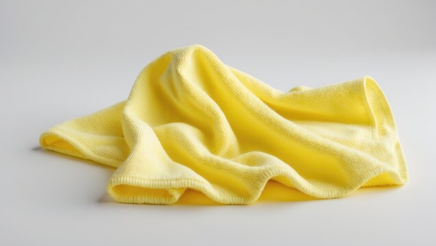 Yellow kitchen rug isolated on white background. Crumpled used microfiber cloth for cleaning, top-down view.