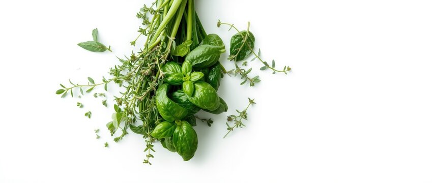 Fresh Basil and Thyme Herbs Bunch Isolated on White Background