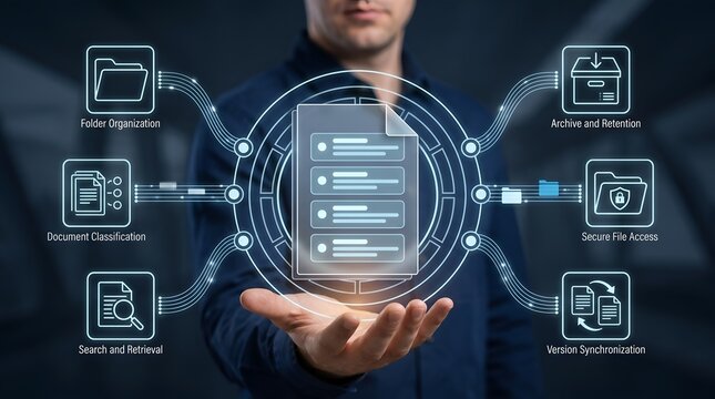 Enterprise document management system showing interactive holographic interface for corporate file organization and archiving