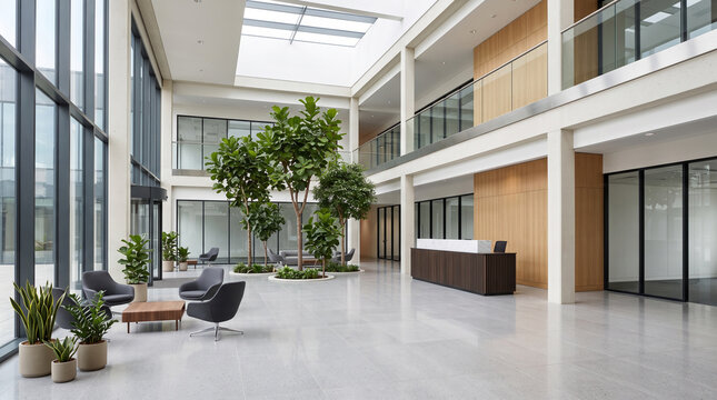 Modern corporate office lobby with indoor trees and seating area. Contemporary business entrance featuring lush greenery and minimalist design.