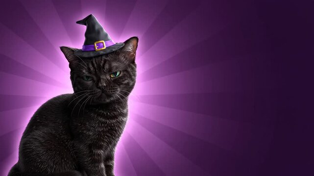 Black cat wearing witch hat against purple glowing background