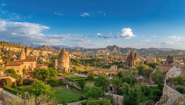 Panoramic View of Fairy Chimneys in Cappadocia at Sunset with Dramatic Clouds