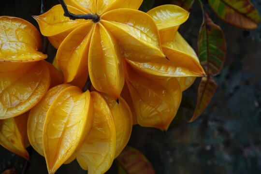 Close up of ripe star fruits hanging on a branch, showcasing their vibrant yellow color and unique shape