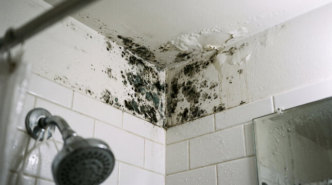 Severe black mold growth on bathroom ceiling and wall. Toxic fungal infestation spreading near shower causing health hazards and property damage.