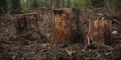 Fototapeta premium Tree Stumps in a Forest Clearing with Rich Soil and Surrounding Foliage