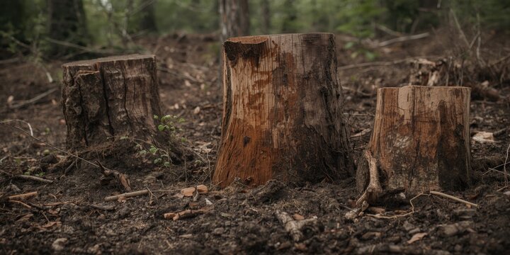 Tree Stumps in a Forest Clearing with Rich Soil and Surrounding Foliage