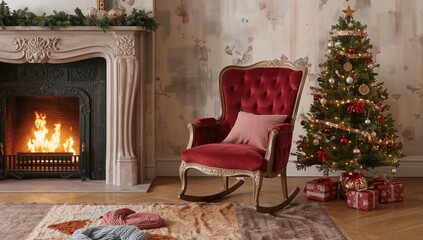 Fototapeta premium Cozy Living Room with Rocking Chair and Christmas Tree by the Fireplace