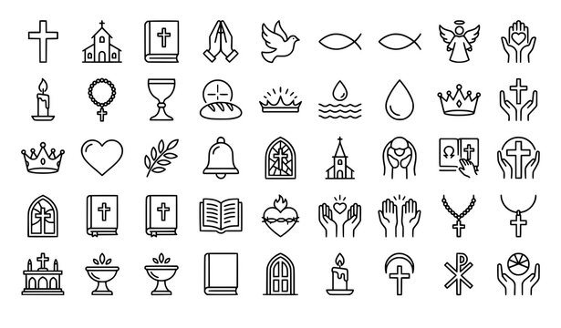 Christian faith monochrome line art icons with cross Bible church prayer dove and religious symbols vector set