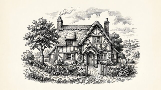 English Thatched Cottage Illustration Vintage Engraving Style