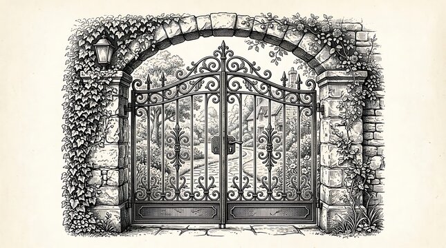 Vintage Ornate Wrought Iron Garden Gate Illustration