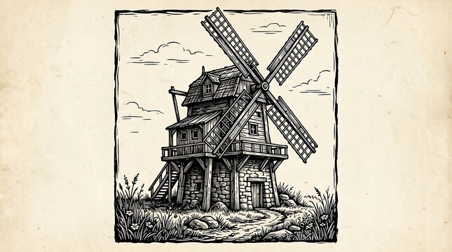 Vintage Windmill Woodcut Illustration on Parchment