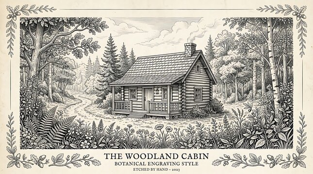 Vintage Log Cabin in Woodland Botanical Engraving Illustration