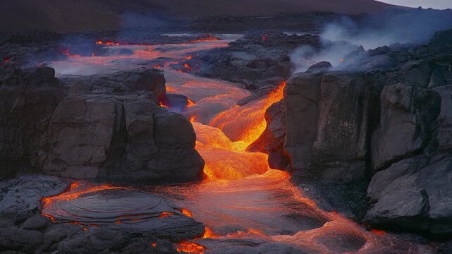 Fiery molten magma flows dramatically through rocky terrain, illuminating the dark volcanic landscape with intense, glowing orange and red hues during an awe-inspiring geological event