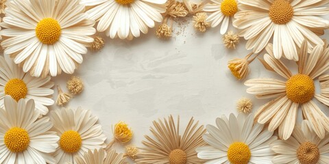 Obraz premium White and Yellow Daisies Framing a Light Neutral Background in Natural Arrangement