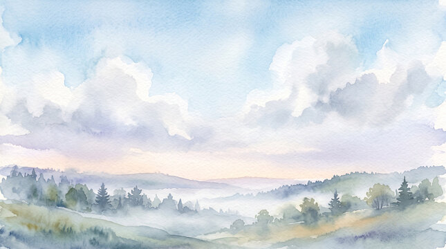 Serene morning mist over tranquil rural landscape. Soft blue sky dawn with scattered clouds and lush greenery.