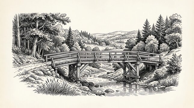 Vintage Engraving of Wooden Bridge in Rural Landscape