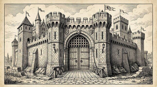 Medieval castle fortress engraving with drawbridge and towers