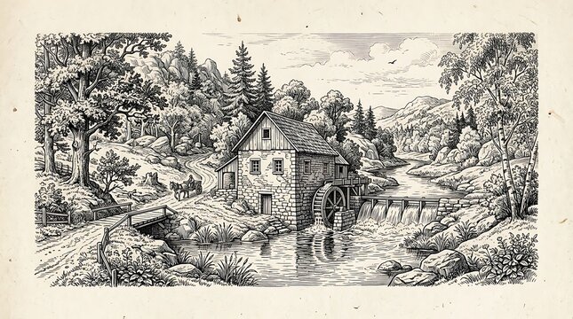 Vintage engraving of a rustic water mill by a river