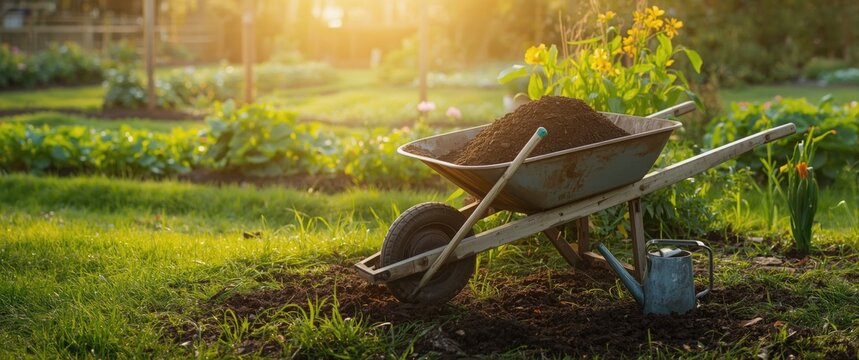 Wheelbarrow Filled with Soil in a Garden During Sunset with Flowers