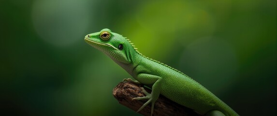 Fototapeta premium Green Gecko Resting on a Branch in Soft Focus Background