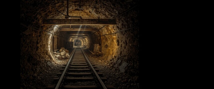 Abandoned Mine Tunnel with Railroad Tracks and Warm Lighting