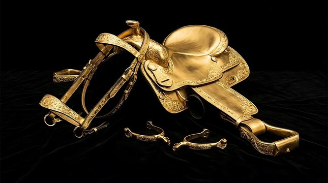 Luxury golden western horse saddle and bridle on black.