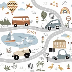 Seamless transportation pattern collection:  cars, traffic lights, road signs, wheels, clouds. trendy Scandinavian style, retro. for kids textile, nursery wallpaper, fabric, wrapping paper, digital © dezignstock