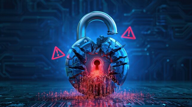 3D render of a broken, cracked padlock leaking glowing red binary code with warning icons on a dark circuit background, representing a cybersecurity data breach.