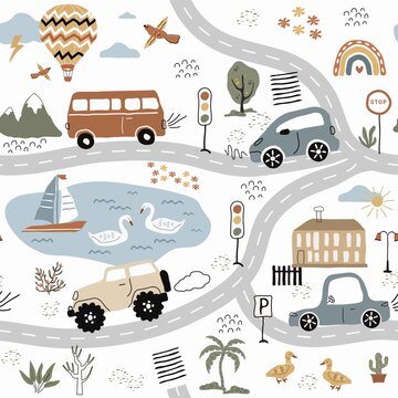 Seamless transportation pattern collection:  cars, traffic lights, road signs, wheels, clouds. trendy Scandinavian style, retro. for kids textile, nursery wallpaper, fabric, wrapping paper, digital