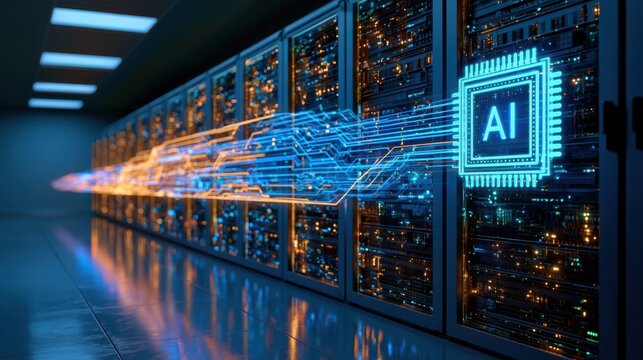 3D graphic showing a glowing blue AI processor chip floating alongside illuminated data streams down a corridor of server racks in a data center.