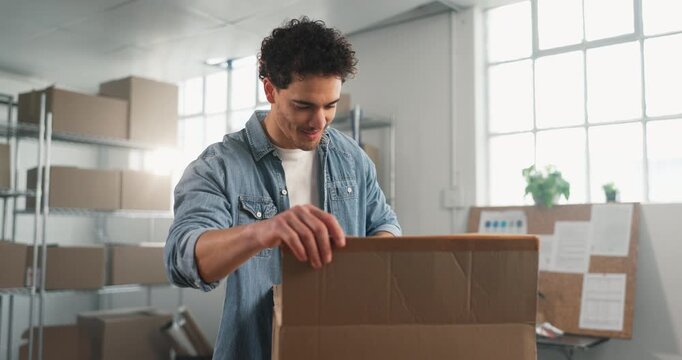 Man, package and unboxing with boxcutter at logistics startup office, parcel or supplier. Happy person, box and knife for opening, shipment and small business with export process for distribution