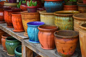 Fototapeta premium Vibrant ceramic pots arranged on rustic wooden shelves