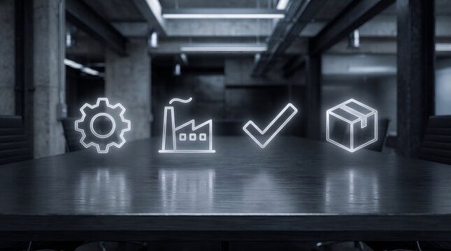 Industrial Production Process Workflow Icons Displayed in a Modern Professional Corporate Office Setting