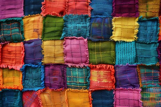 Vibrant patchwork quilt with multicolored fabric squares