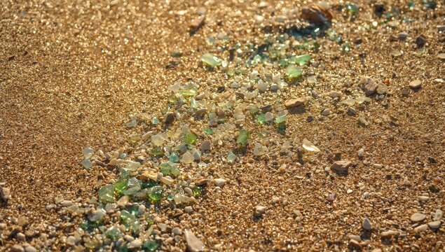 Scattered Sea Glass and Small Shells on Golden Sandy Beach at Sunset