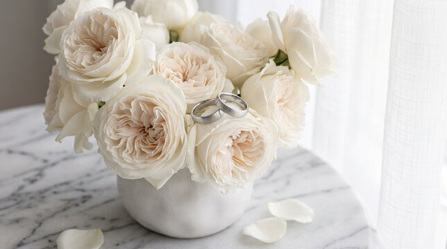 Silver wedding bands nestled in cream garden roses bouquet on marble surface