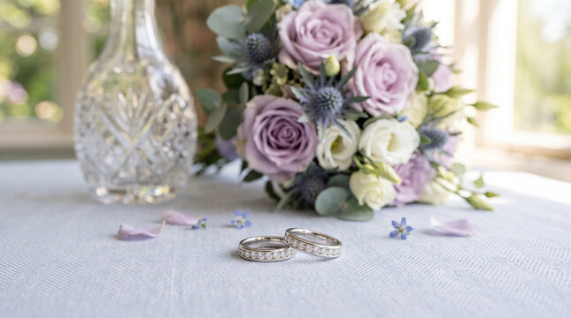 Wedding rings with purple roses bouquet and crystal decanter on table