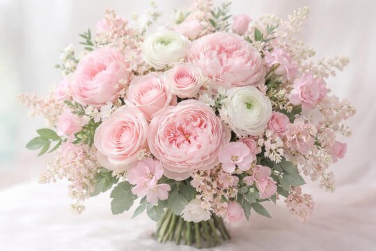 Pink Flower Bouquet with Soft Blooms and Green Foliage on Light Background