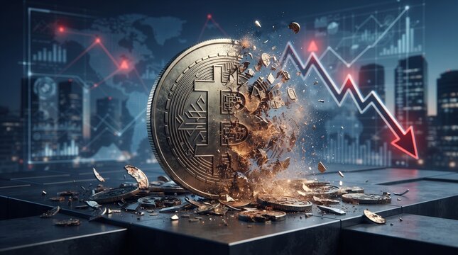 Shattered Bitcoin coin with falling red arrow chart over city skyline, representing cryptocurrency market crash and financial instability.
