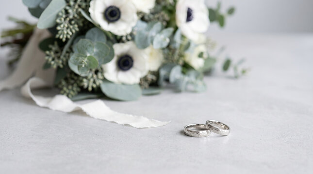 Wedding rings beside white anemone bouquet with eucalyptus on gray surface