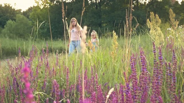 Mother and daughter enjoying a peaceful walk through a blooming summer wildflower field in sunny rural Ukraine. Tender family bonding, motherhood, scenic natural landscape.