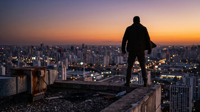 Silhouette of man standing on rooftop edge in despair at sunset