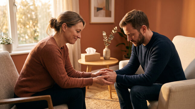 Woman holding man hands in supportive gesture during therapy session