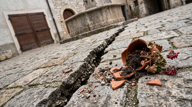 Cracked pavement and broken terracotta pot on historic street after earthquake